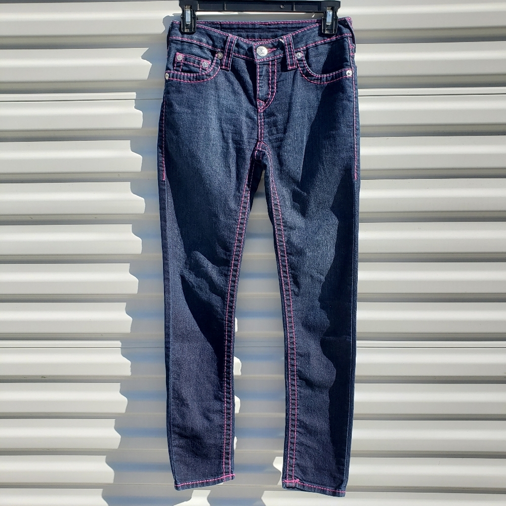True Religion skinny big T pink stitch dark wash jeans